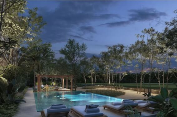 Golf course view condo with clubhouse, cenotes, beach club, parks, 2 covered parking spaces, pre-construction- sale Playa del Carmen.