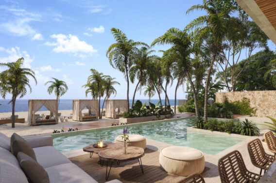 Ocean view apartment, 2 jacuzzis, lock off system, private beach, gym, pet area, and more pre-construction, Puerto Morelos for sale.