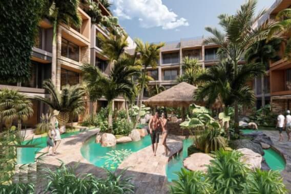 Studio 900 meters from the beach, furnished, infinity pool, cinema, spa, gym, restaurant, and more, in pre-construction, for sale on Kukulka