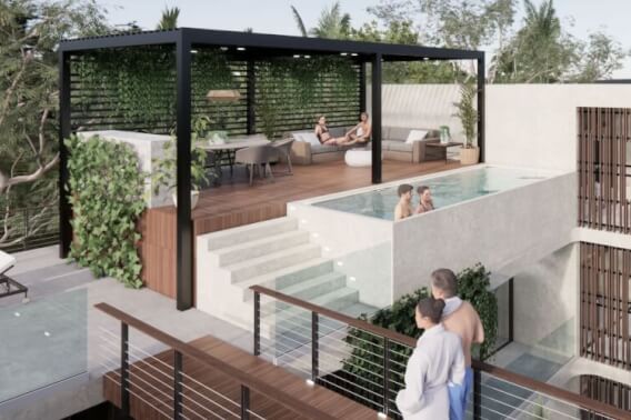 Furnished studio with 11 m2 terrace, Bio-Architecture, coworking, saline pool, zen garden, solar panels, pre-construction, sale Region 15 Tu