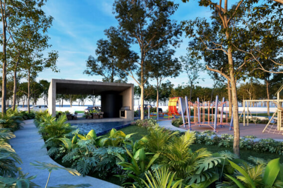 581 m&sup2; lot for sale with amenities including a multi-purpose sports court.