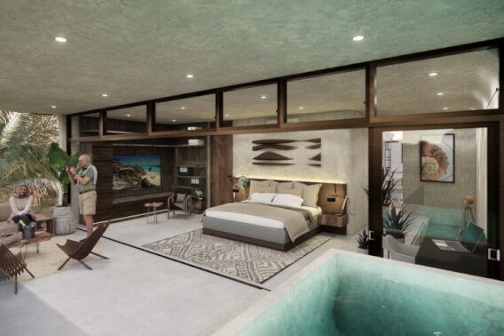 Penthouse with 32 m2 terrace, private pool, double shower and double sink, Bio-Architecture, coworking, saline pool, zen garden, solar panel