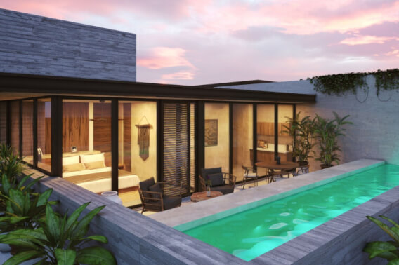 Luxury penthouse with infinity pool, bar, yoga area, and gym in Aldea Zam&aacute;.