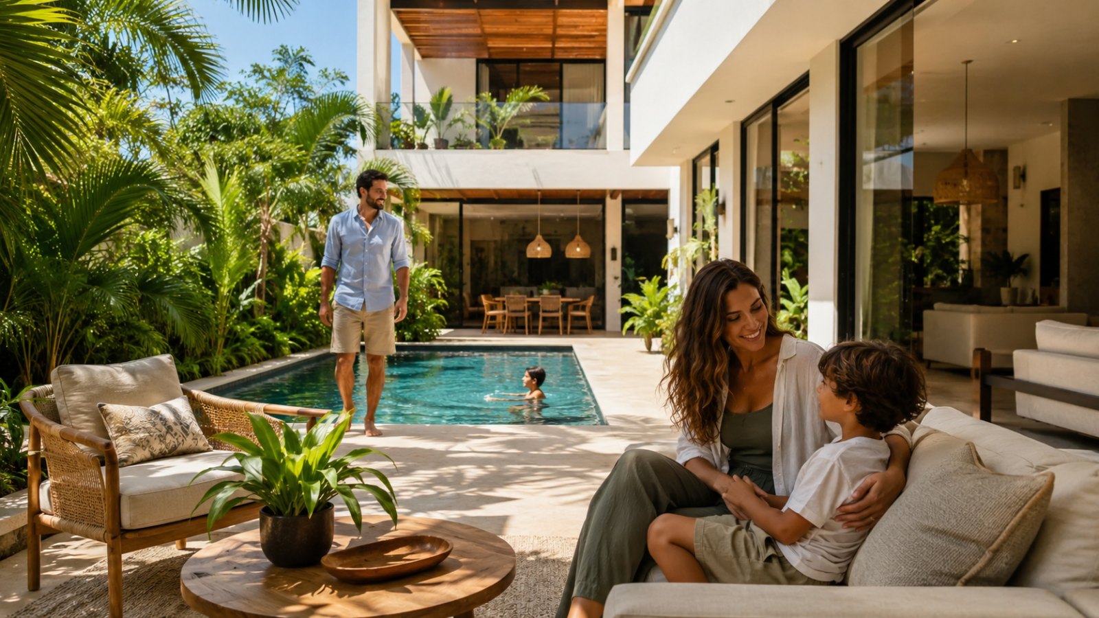 Family relaxing at a private villa patio with pool in Playa del Carmen