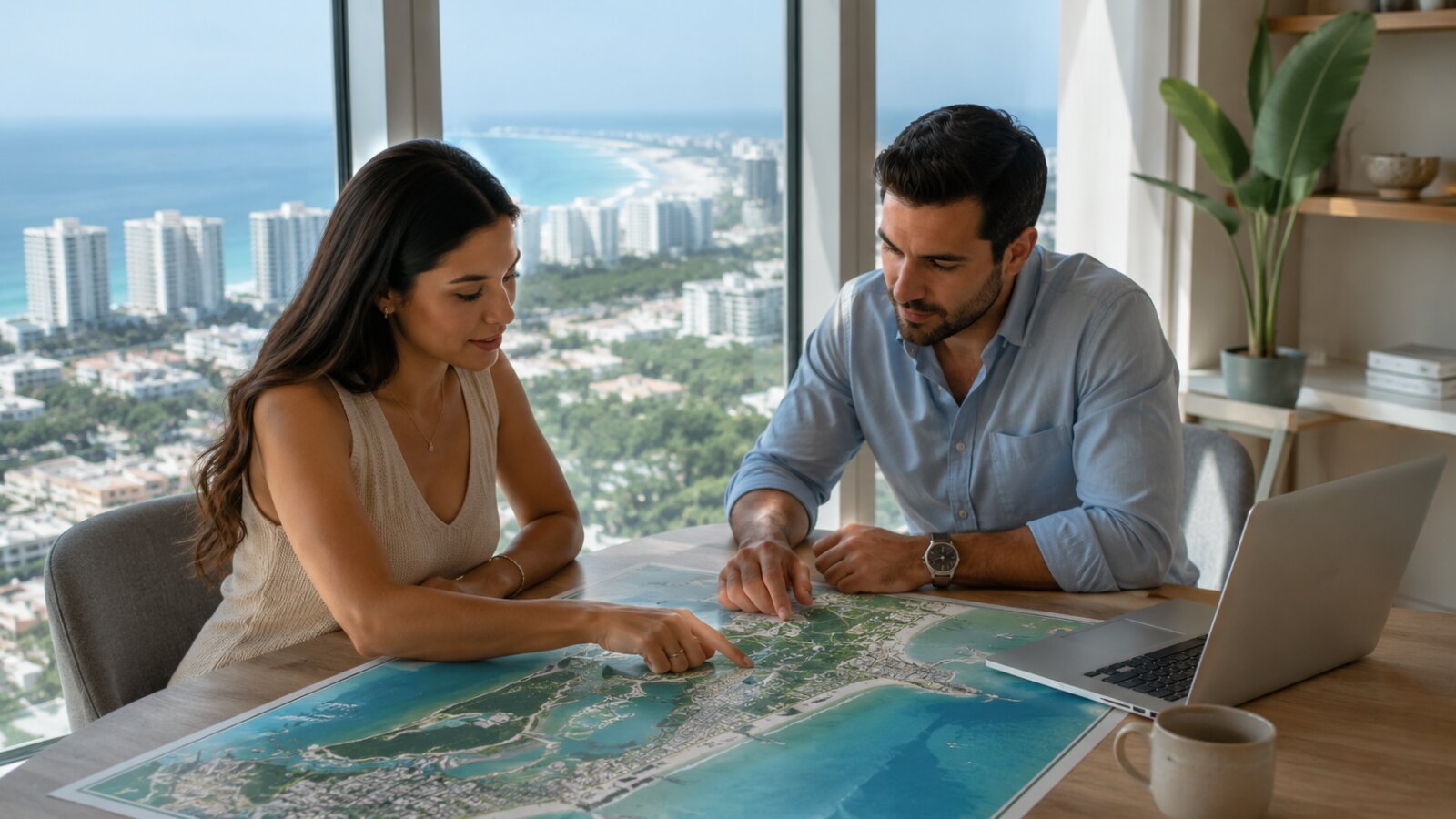 Buyer and advisor comparing Cancún neighborhoods