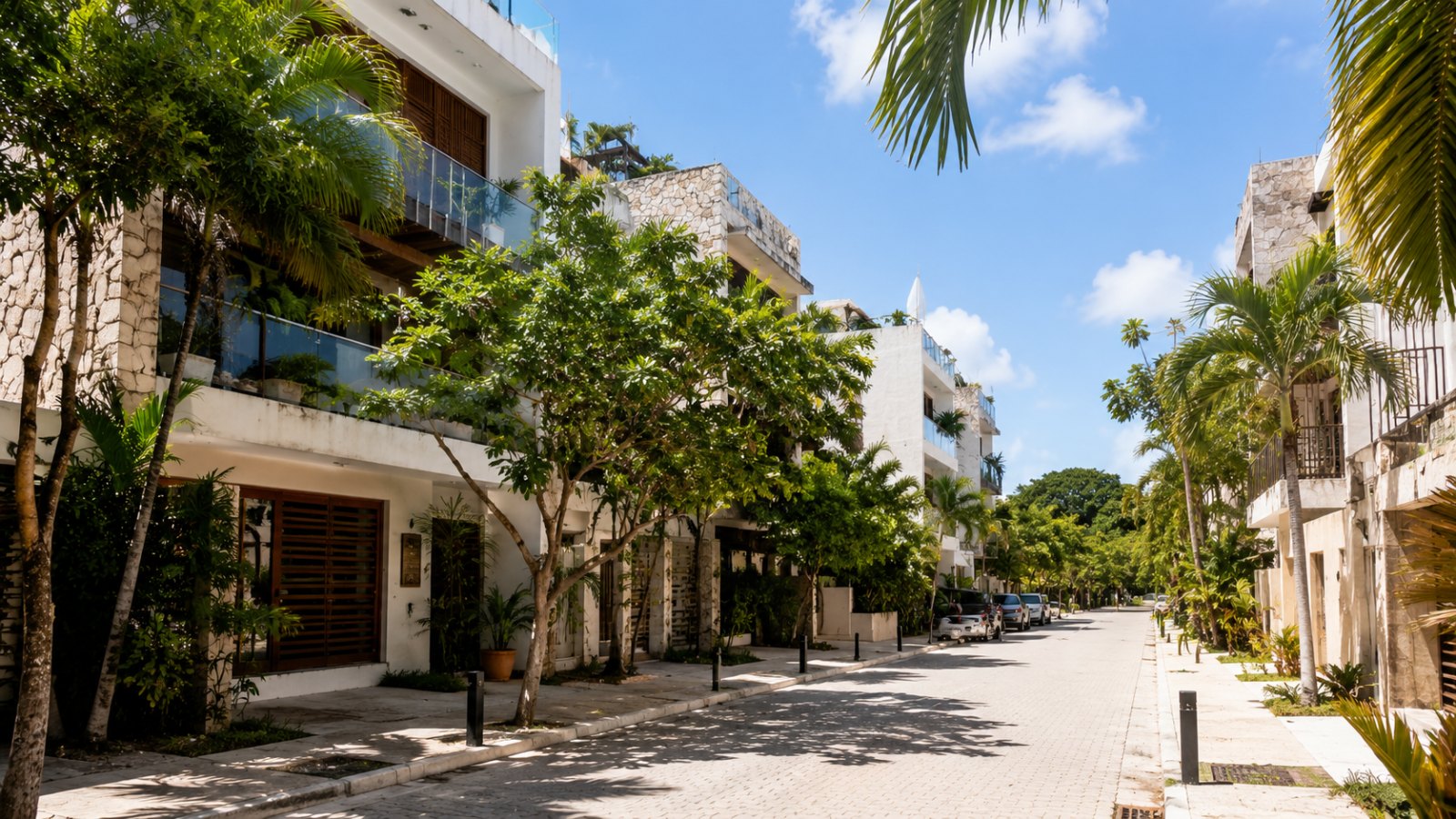 Walkable Playa del Carmen residential street with modern condos