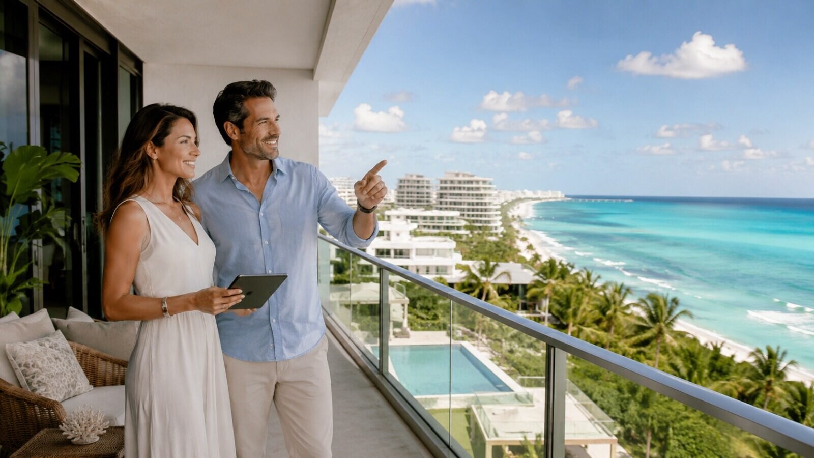 International buyers reviewing a Cancún property from an ocean-view terrace