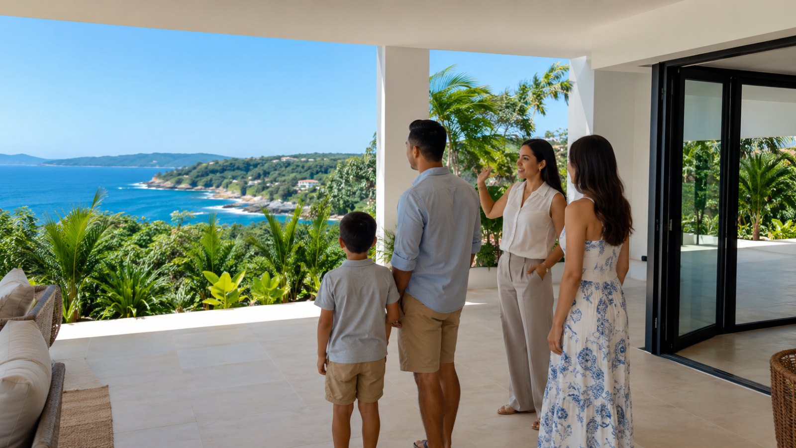 Family touring a modern ocean-view home in Huatulco with vivid natural daylight