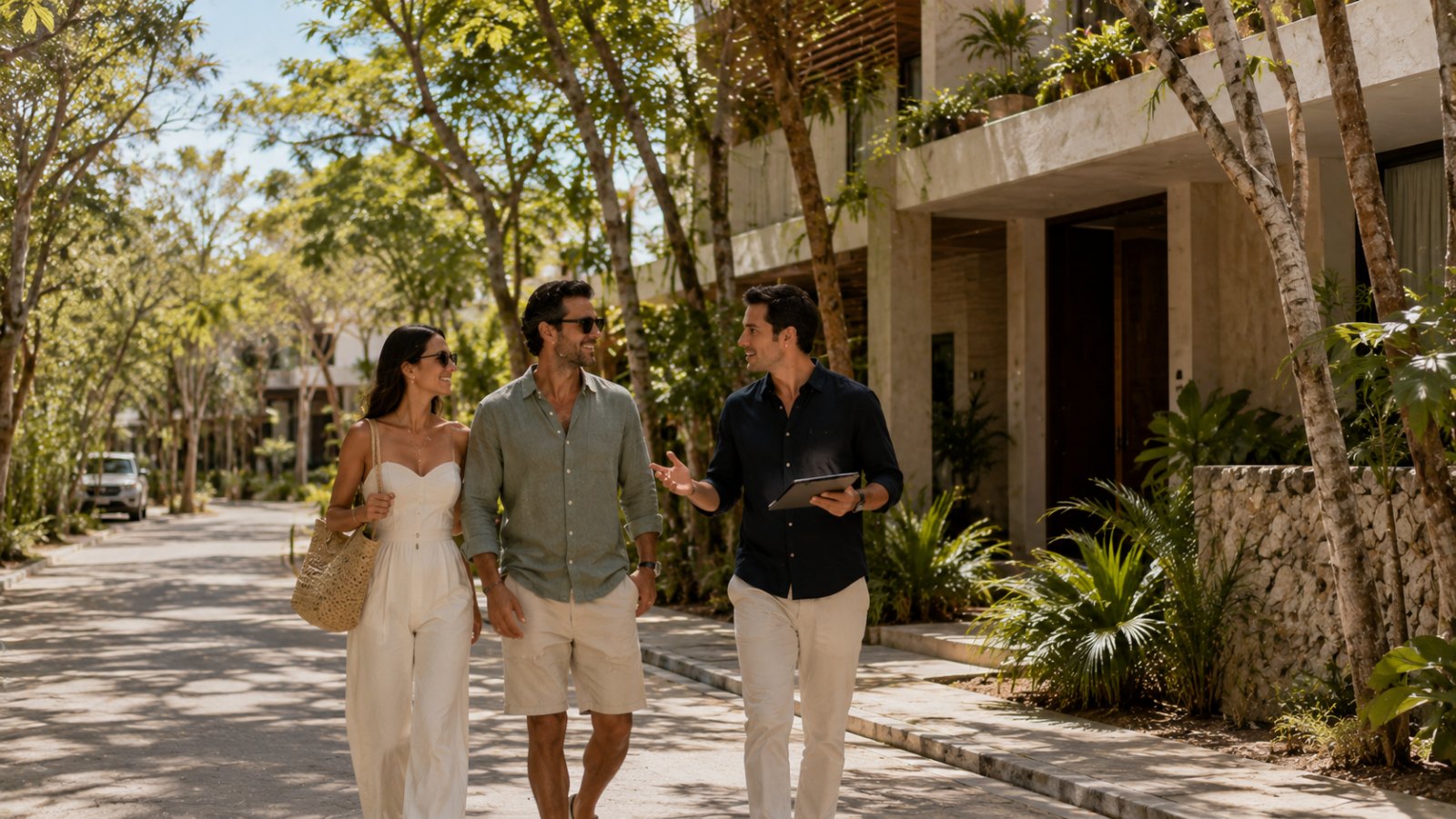 Buyer couple walking with a real estate advisor through Aldea Zama in Tulum Secondary