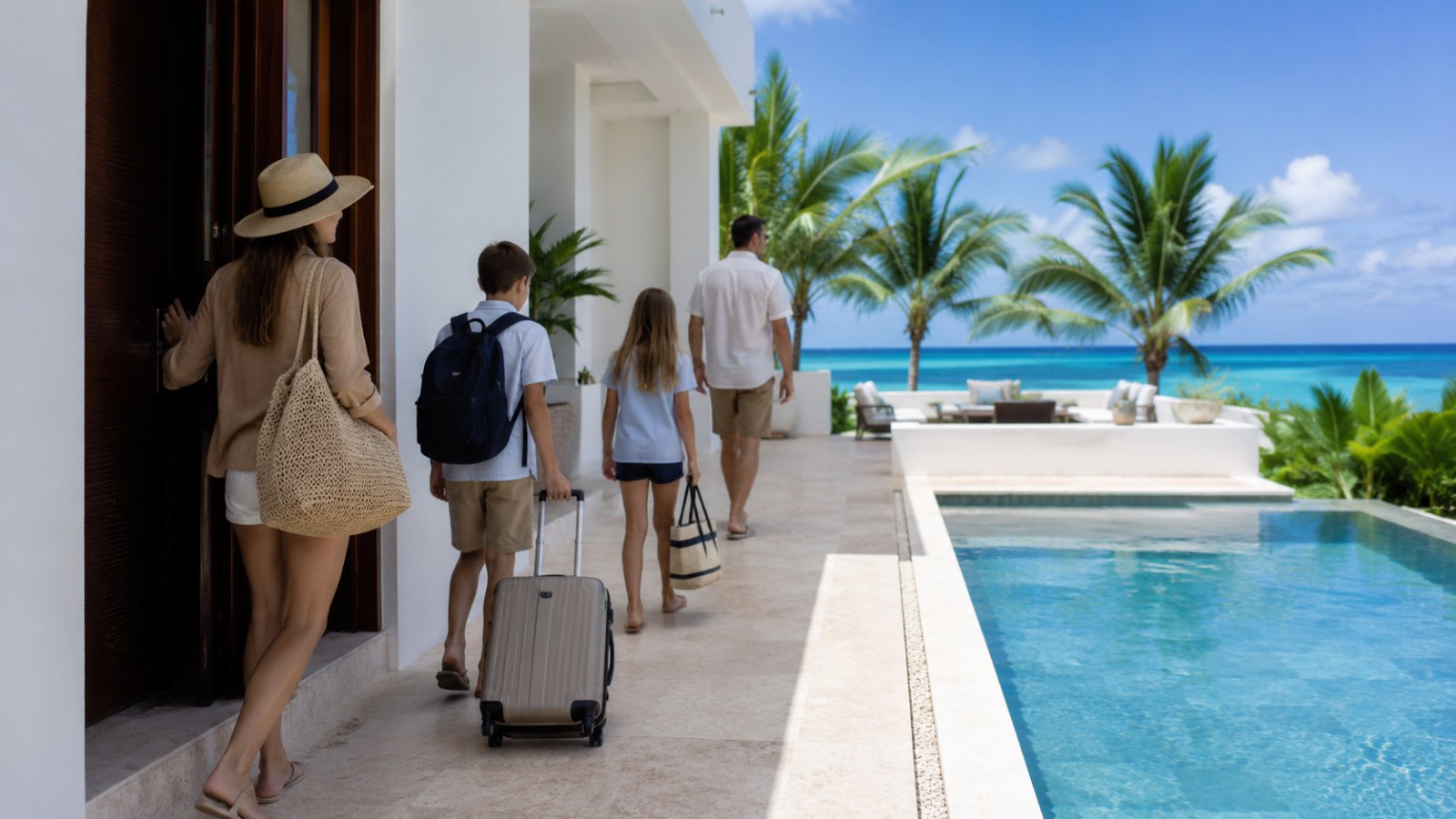 Family arriving at a bright Cozumel second home terrace with pool and tropical garden