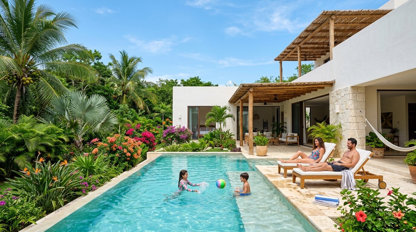 Moderna casa en Yucatán con piscina, jardín verde y abundante luz natural.