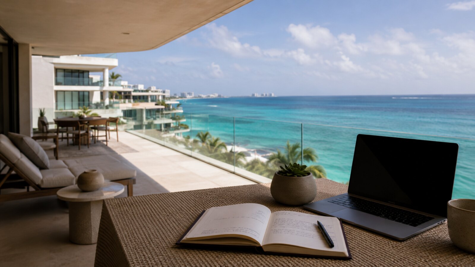 Investment planning on a Cancún condo terrace