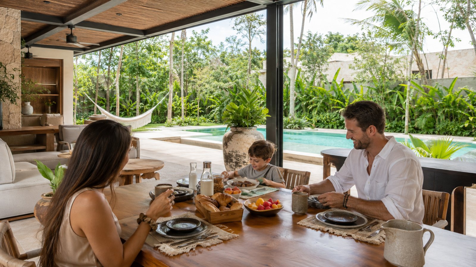 Family having breakfast on the shaded terrace of a luxury Tulum villa