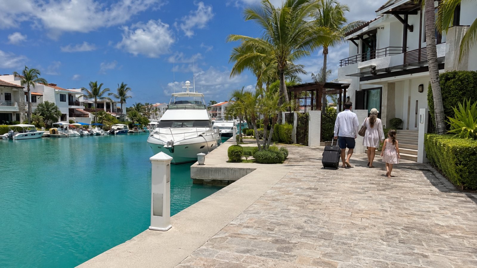 Puerto Aventuras marina waterfront homes and boats in clear Caribbean daylight Hero