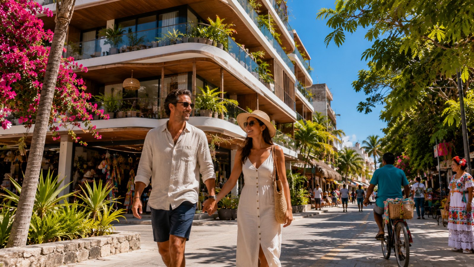 International residents enjoying Playa del Carmen coastal lifestyle near modern condos
