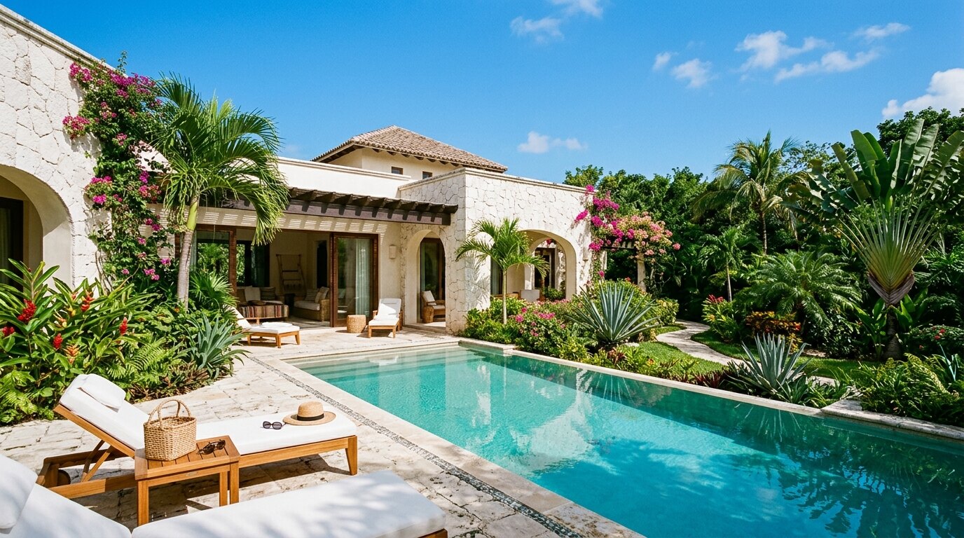 Residencia de lujo en Yucatán con piscina, plantas tropicales y vibrantes colores naturales.