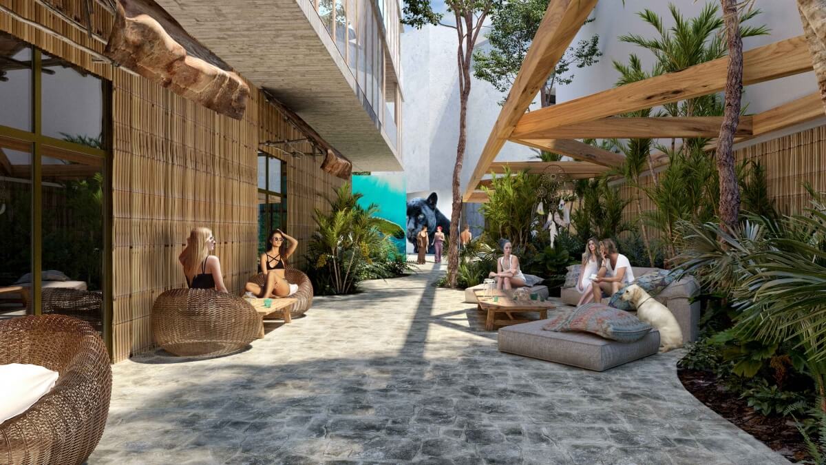 Departamento alberca privada con jardin de 58m2, area de yoga, area de asadores, 2 albercas con areas lounge, pre construccion, venta Tulum.