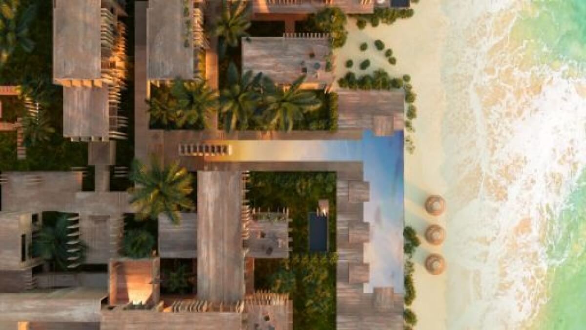Departamento con terraza común con vista al mar, area de asador y alberca, acceso a la playa, pre-construccion, venta Bahia Tankah Tulum.