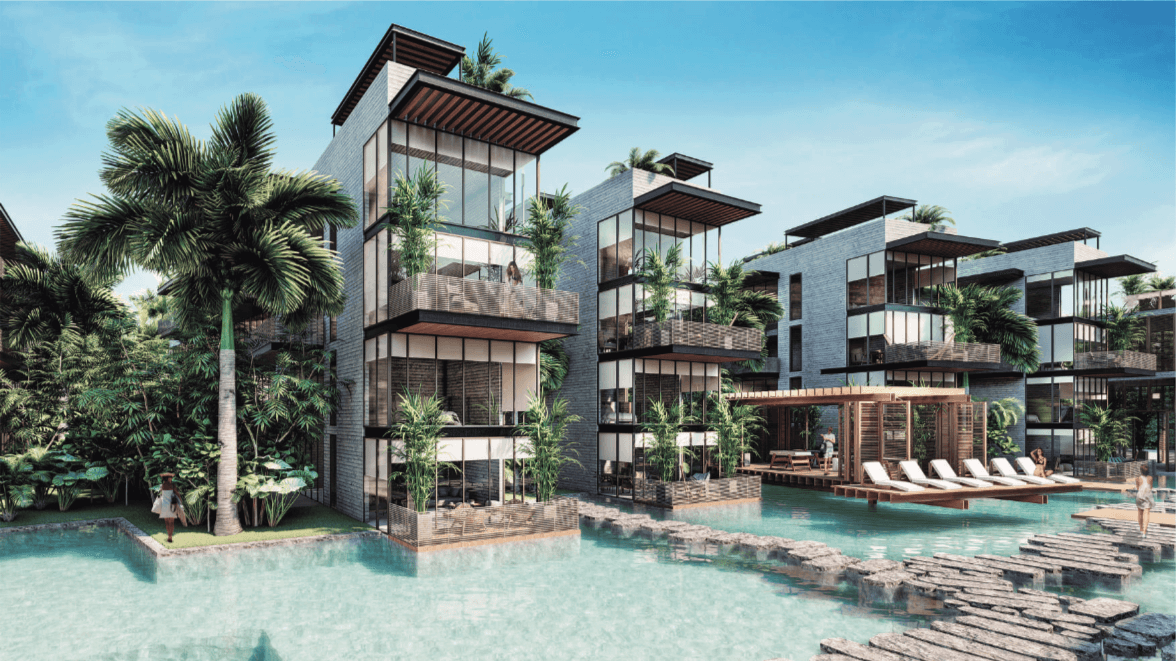 Condo with adults pool with bar, family pool, co-working, spa, bar, gym, green areas, in pre-construction for sale Aldea Zama Tulum.