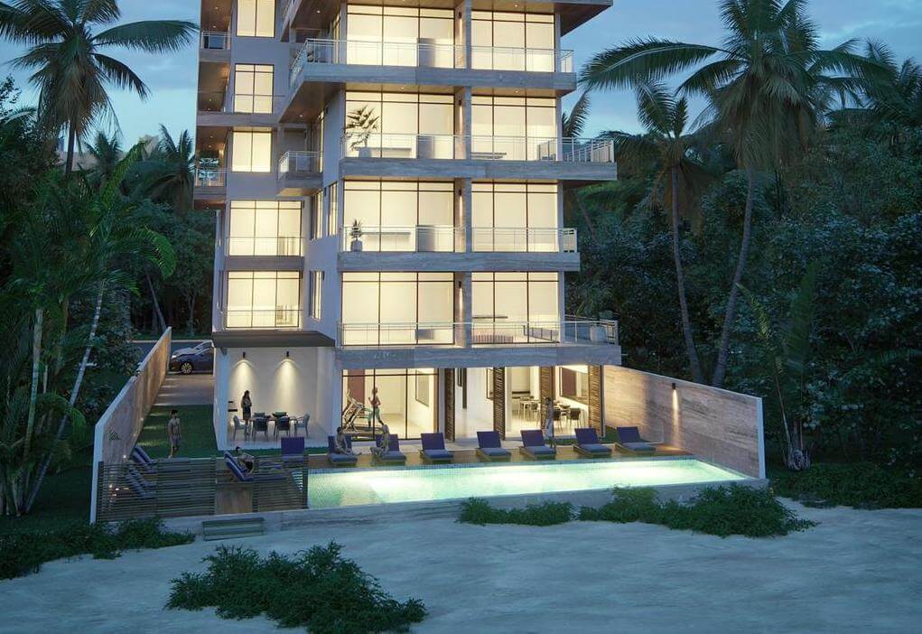 Condominio a pasos de la playa, con 2 terrazas, alberca con vista al mar, a 200 metros de la playa, pre-construccion, venta Puerto Morelos.