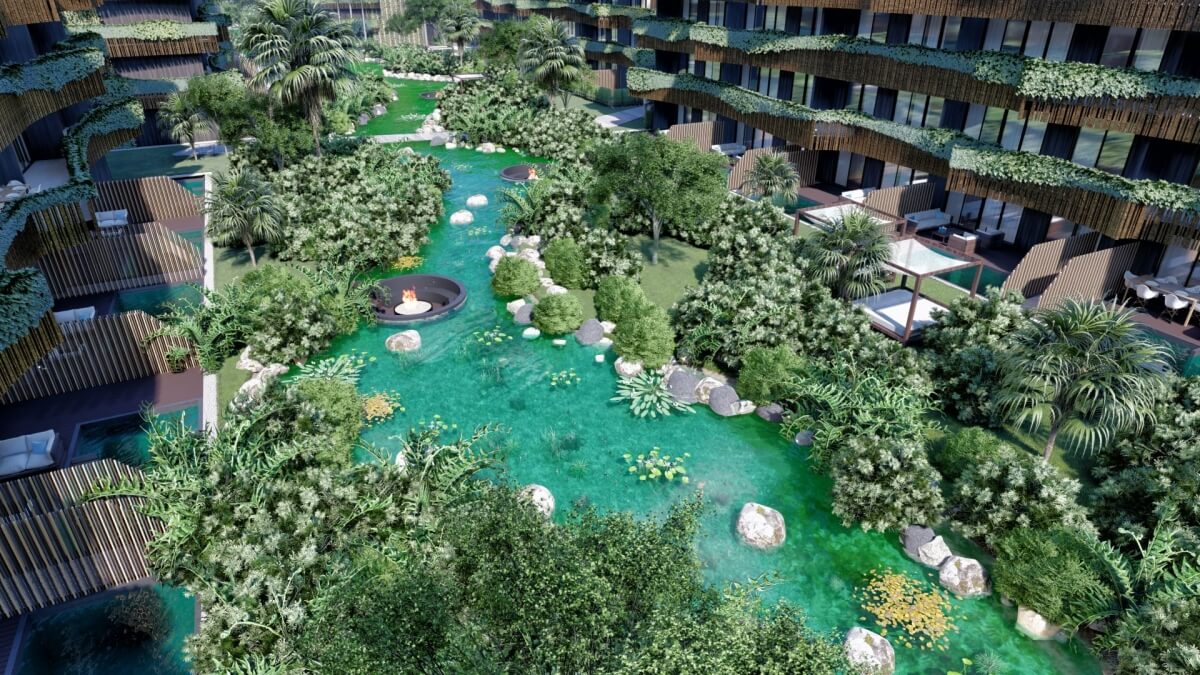 Luxury Apartment, Eco-Friendly, Outdoor amenities, large pool, green areas, cycle path to the beach and Hotel Zone, on Coba Avenue for sale