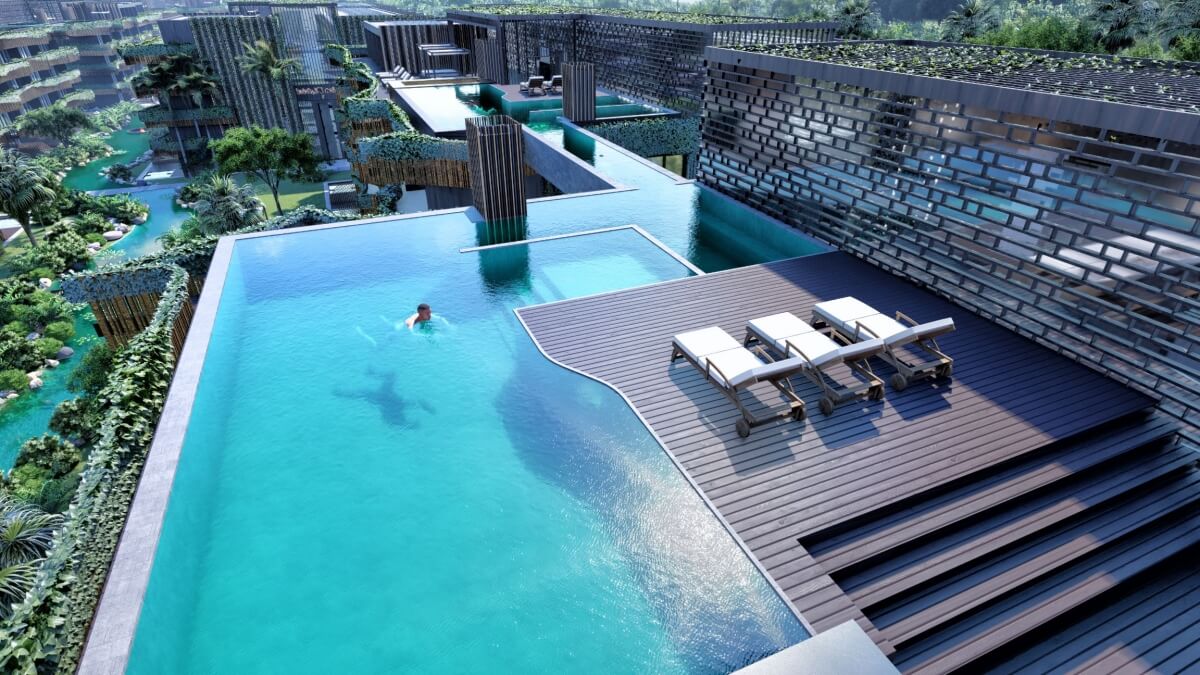 Luxury penthouse with infinity pool, bar, yoga area, and gym in Aldea Zamá.