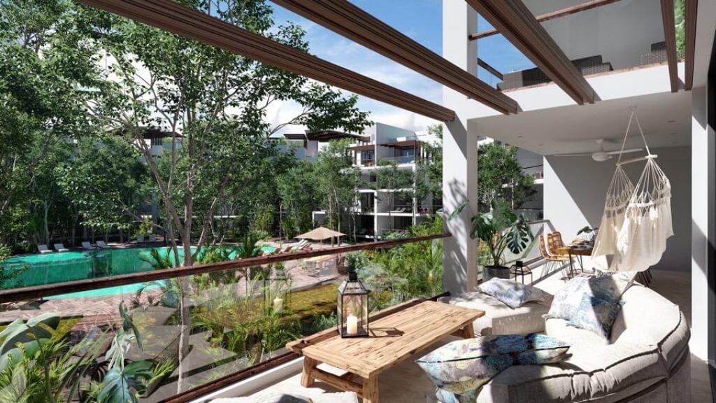 Condo with panoramic windows, surrounded by trees, 958 m2 pool, yoga, gym, swim lane, sustainable building, pre-construction, sale in Tulum