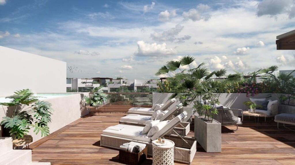 Condo with pool for adults on the rooftop and bar, barbecue area, family pool, spa, co-working, gym, pre-construction for sale, Aldea Zama,
