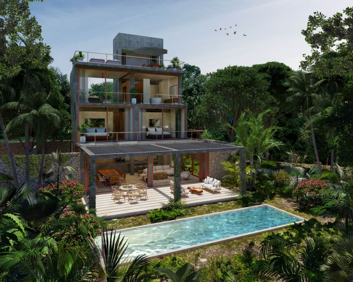 Residence with balcony, garden and private pool, beach club, clubhouse, sports courts, for sale Tulum.