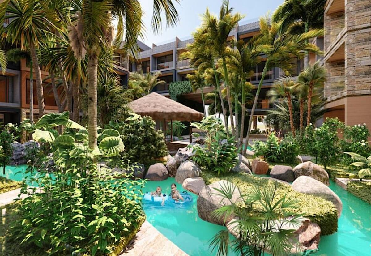Condo with lock off design, private terrace with green view, 2 pools, barbecue area, trees, lounge areas, for sale, Malanay, La Veleta Tulum