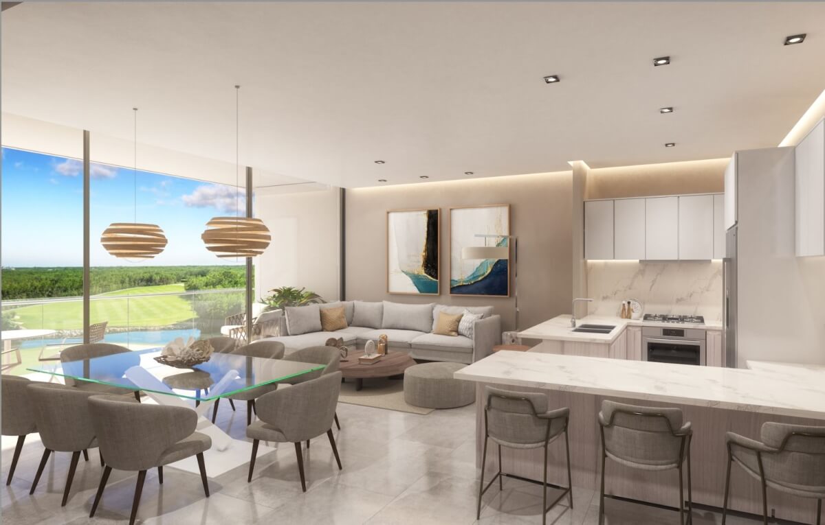 Departamento de 324 m2, con jardin, cenote, alberca, a 400 metros de la playa, en campo de golf, pre-construccion-venta Playacar