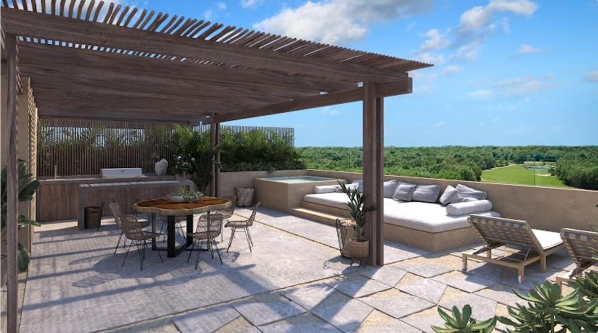 Departamento de 324 m2, con jardin, cenote, alberca, a 400 metros de la playa, en campo de golf, pre-construccion-venta Playacar