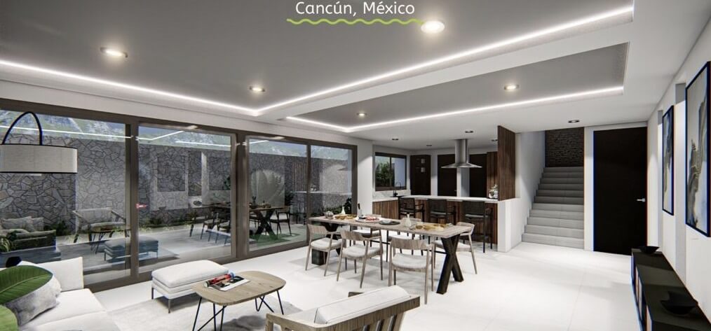 Casa con alberca privada, roof garden, jardin interior, casa club con canchas deportivas, Residencial Aqua, Cancun, en venta.