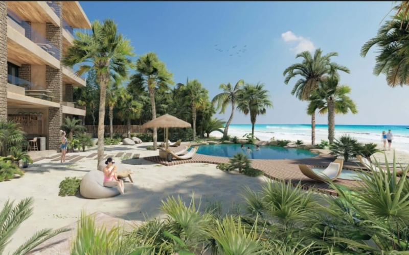 Beachfront condominium with private pool, oceanfront pool, private beach, gym, barbecue area, wellness center and more in Tankah, Tulum, pre