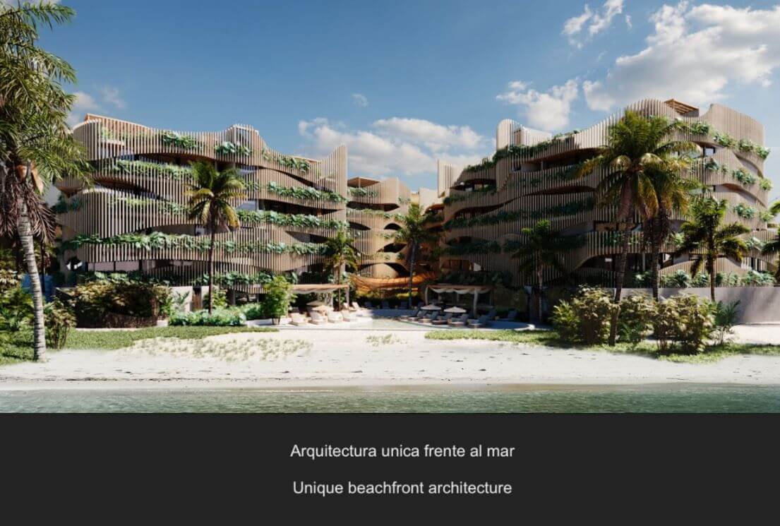 Apartamento con vista al mar desde la alberca común, area de asador, acceso a la playa, en pre-construccion, venta Tankah Tulum.