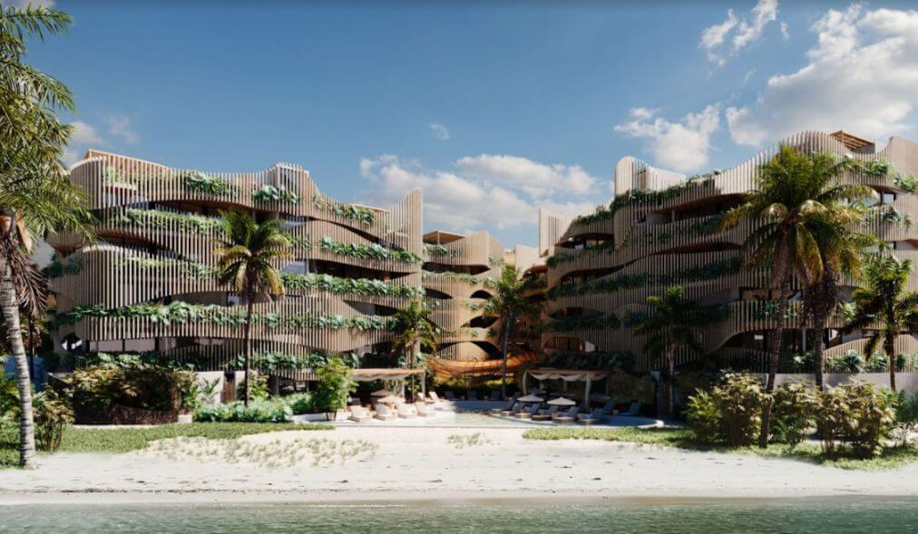 Apartamento con vista al mar desde la alberca común, area de asador, acceso a la playa, en pre-construccion, venta Tankah Tulum.