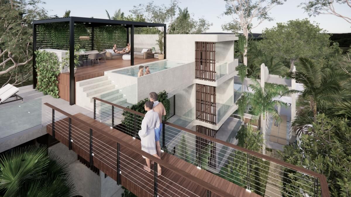 Studio with shopping area and art walk, 5-star hotel amenities, green areas, Boho Chic style in Tulum for sale