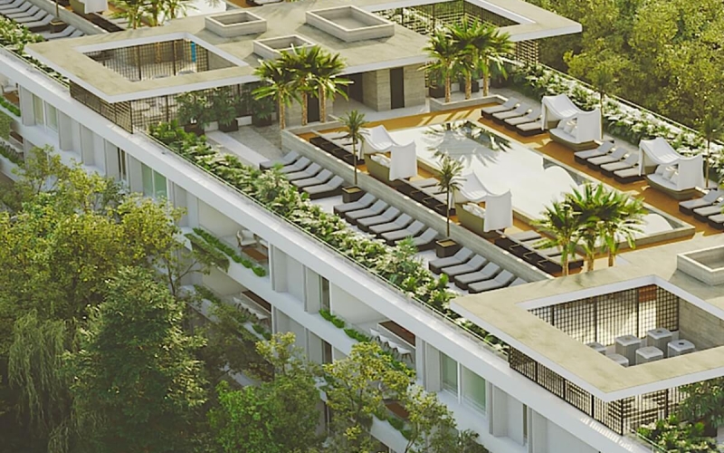 Departamento con jardin, cenote, alberca, a 400 metros de la playa, pre-construccion-venta Playacar