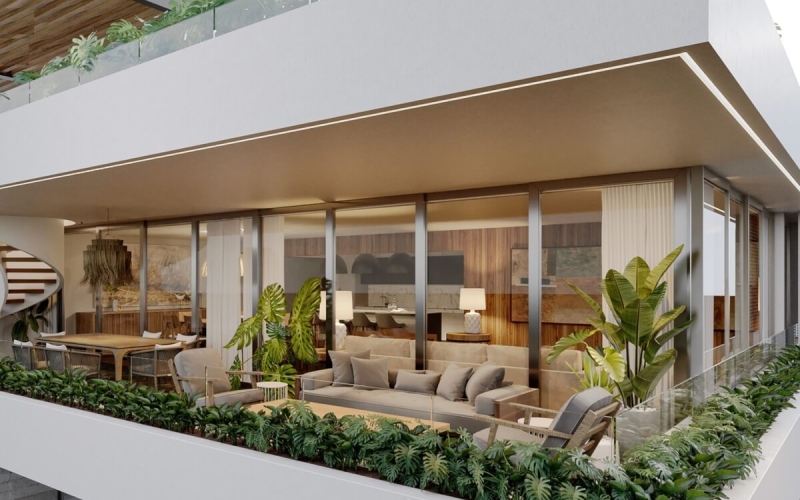 Condominio de lujo 387 m2 con jardin, con cenote, alberca, a 400 metros de la playa, en campo de golf, pre-construccion-venta Playacar