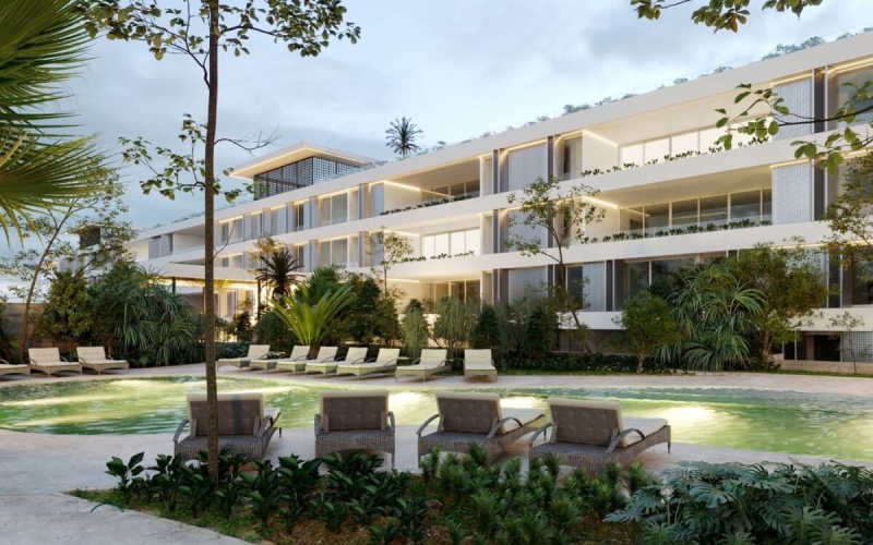 Condominio con vistas verdes, cenote, alberca, a 400 metros de la playa, en campo de golf, pre-construccion-venta Playacar