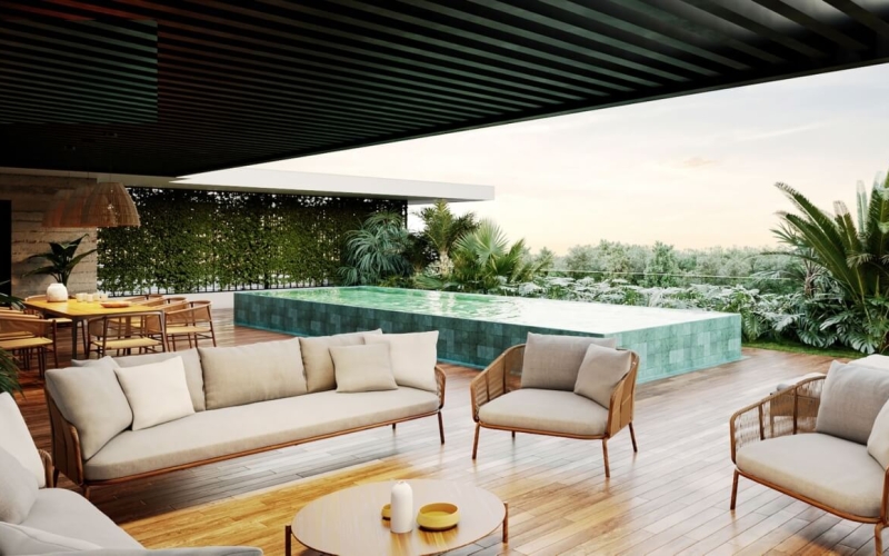 Penthouse de 515 m2 con alberca privada, cenote, alberca, a 400 metros de la playa, en campo de golf, pre-construccion-venta Playacar