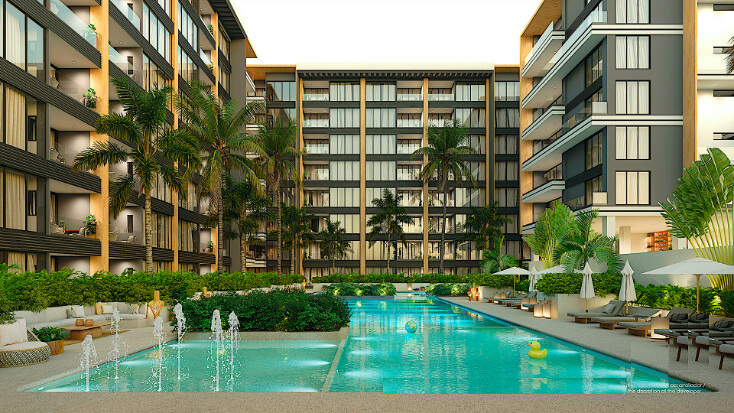 Departamento con Jardin de 100 m2, alberca, pet spa, cowork, gimnasio, pre-construccion, sobre Ave. Nader, Cancun, en venta.Cancun.