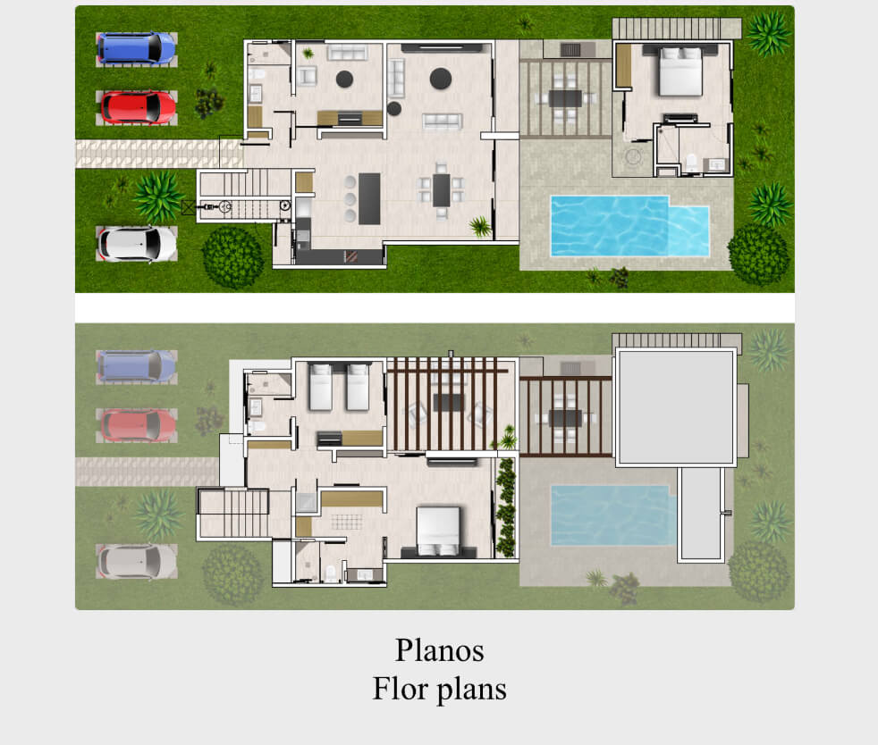 Two-level house with private pool, terrace, patio, bar, cellar. Common areas, zen area, barbecue area, lounge bar.