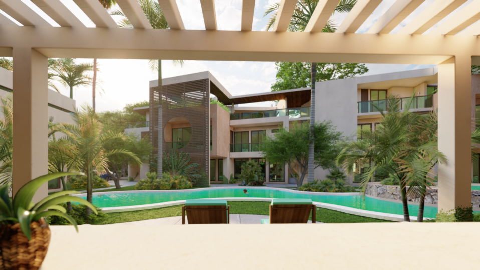 Apartment, with garden, pool, paddle tennis court, volleyball court, North Hotel Zone, Cozumel.