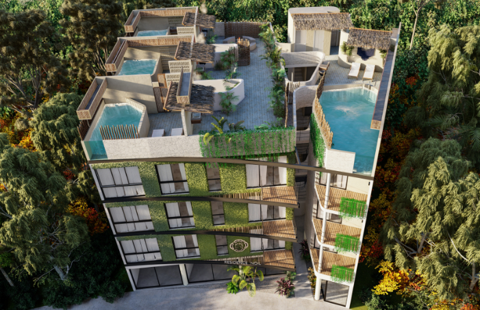 Condo with private pool, wraparound terrace, saline pool, coworking, Bio-Architecture, zen garden, solar panels, pre-construction, sale Regi