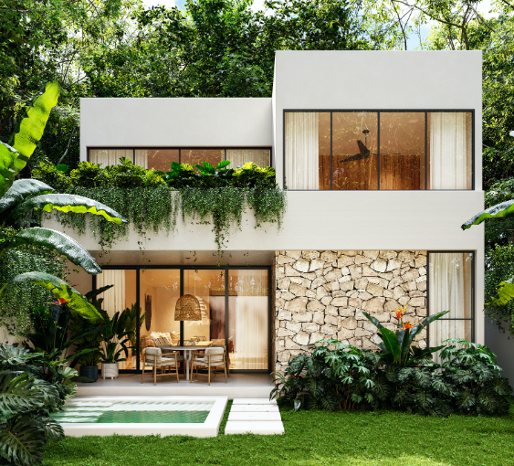 Casa con alberca privada y jardin, mas de 20 amenidades de diseño unico, residencial privado Kaybe, en venta Tulum.