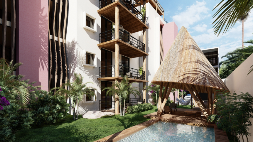 Apartamento cerca del malecón, terraza con alberca y vista al mar, venta Cozumel.