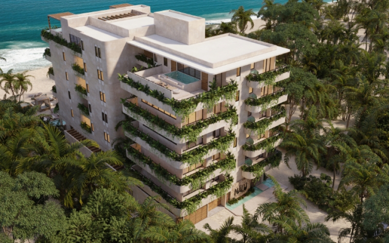 Ocean view apartment, 2 jacuzzis, lock off system, private beach, gym, pet area, and more pre-construction, Puerto Morelos for sale.