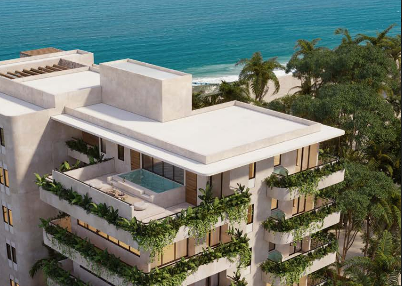 Beachfront condo with private Jacuzzi, furnished, pre-construction, for sale in Puerto Morelos.