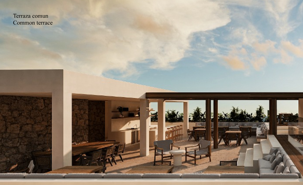 Apartamento con terraza común con vista al mar, area de asador y alberca, acceso a la playa, pre-construccion, venta Bahia Tankah Tulum.
